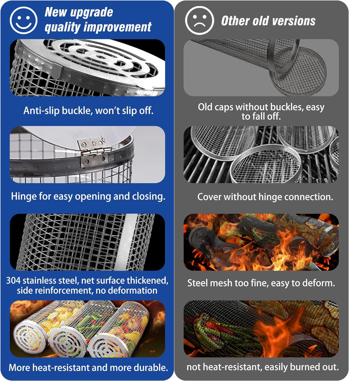 Rolling Grilling Baskets for Outdoor Grill Bbq Net Tube Stainless Steel Large round Mesh Barbecue Cylinder Cage Cooking Accessories for Veggies Vegetable Fish Camping, Gift for Men Dad Husband Him